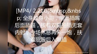 [MP4/ 2.21G]&nbsp;&nbsp; 全身纹身小哥，前面插嘴后面舔逼，按着双腿抽插无套内射，中场休息再来一炮，扶着屁股后入爆插