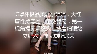 C罩杯极品美乳小姐姐，大红唇性感黑丝，足交舔屌，第一视角操无毛肥穴，扶着细腰站立后入，搞完厕所尿尿